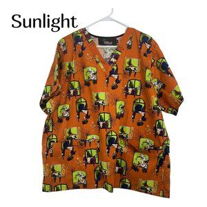 Halloween-Themed Orange Scrub Top With Witch & Spiderweb Print Size XL MnJ Brand